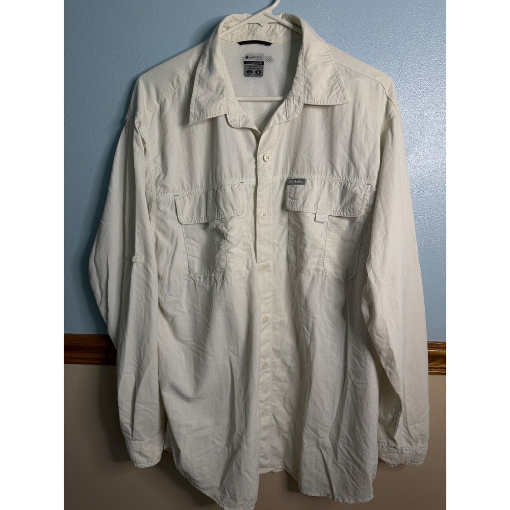 Columbia Titanium Omni-Shade Long Sleeve Shirt Mens Large Cream Off-White Hiking
